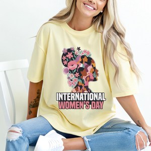 Camiseta del Día Internacional de la Mujer, Manga Corta, Cuello Redondo, 100% Algodón, Estampado Floral, Corte Holgado, Informal, Primavera - Product Image 1