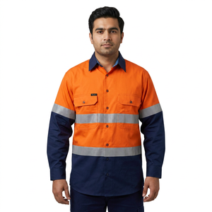 Two Tone Cotton Breathable EN Certified Hi Visibility Safety Workwear Shirts Reflector Unisex Long Sleeve Heat Transfer Printed - Product Image 1