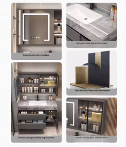 Meuble-lavabo moderne en <span class=keywords><strong>bois</strong></span> avec plateau en pierre frittée, miroir LED et <span class=keywords><strong>rangement</strong></span>, idéal pour appartement et villa - Product Image 2