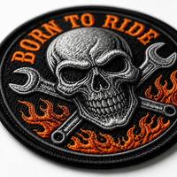 En gros, Patch de motard Born to Ride Skull Morale Flame Wrench, rond, noir et orange, brodé, pour gilet, veste, sac