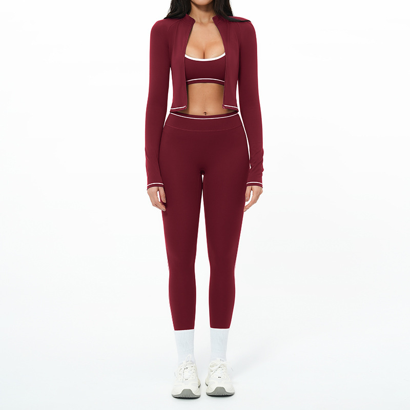 Yoke Seamless 3 Piece Color Block Outfits Plus Size High Waist Leggings Crisscross Sports Bra Jacket Activewear Women Yoga Sets