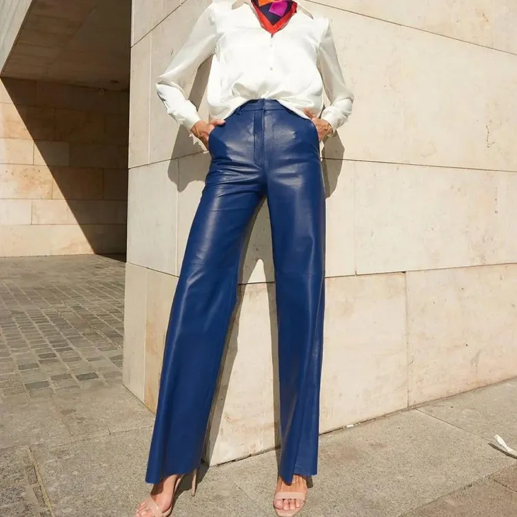 New Design Fall Blue Pantalon De Mujer Slim Office Women Trousers Casual Pu Leather Straight High Waist Pants For Ladies