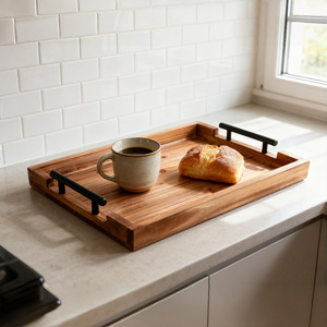 Wooden <b>Tray</b> Set 3 Piece Solid Wood Square Serving <b>Tray</b> For Hotel Coffee <b>Tea</b> Service - Product Image 3