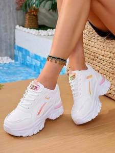 Zapatillas Deportivas Casuales Minimalistas para Mujer, con Lentejuelas, Diseño Clásico, Cuero Blanco, Degradado Brillante, Rayas, Plataforma Gruesa con Cuña Oculta - Product Image 6