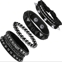 Ensemble de 4 bracelets et joncs en cuir plaqué argent style punk rock chrétien pour hommes et femmes, accessoires de fête