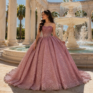 ชุดราตรีงาน Quinceanera แบบคอเรือประดับเลื่อมมุกสีถั่วแดงสุดหรู 6979 แบบสำหรับผู้หญิง - Product Image 1