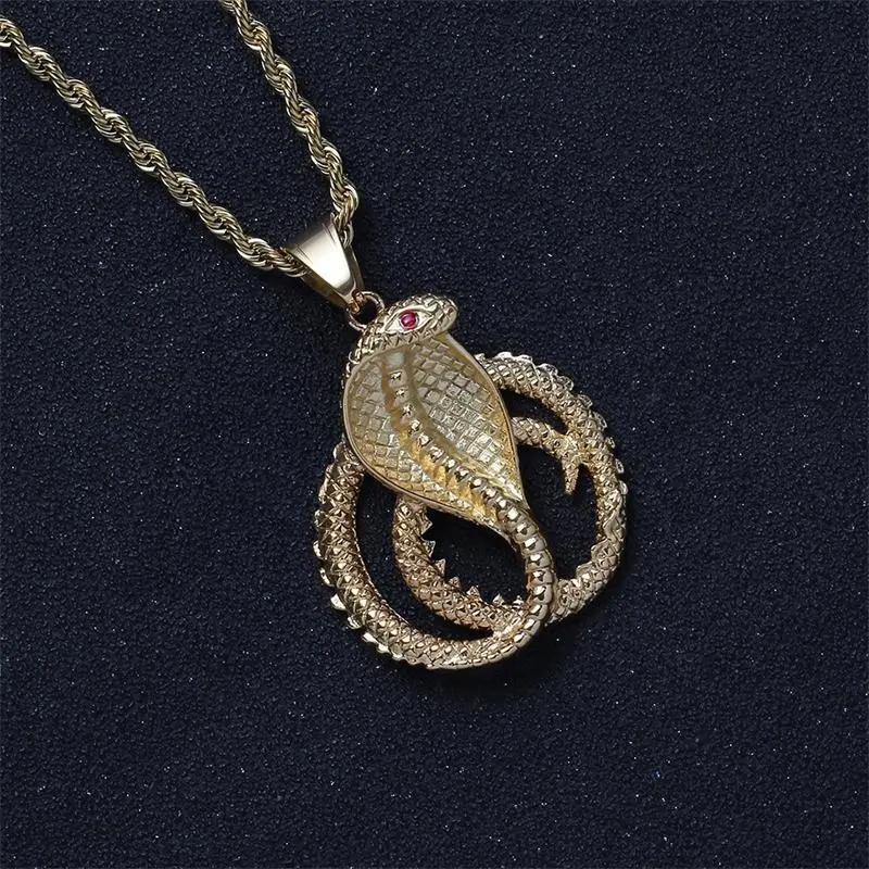 Vergoldete Hip Hop Edelstahl Cobra Schlangen kopf Anhänger Halskette