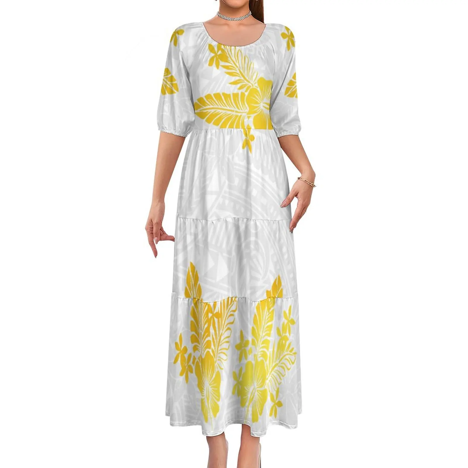 Polinésia Elei Tribal Ouro Branco Design Personalizado Mulheres Elegante Vestido Em Camadas Pacific Island Art Respirável Fishtail Vestidos