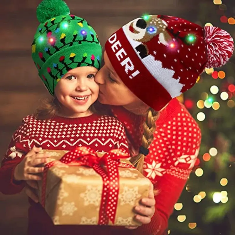 Topi Beanie rajut Natal, topi Beanie rajut, topi wol lampu Led, Sweater Santa Elk bercahaya, Bonnet, hadiah Natal Tahun Baru, Unisex