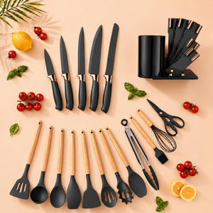 19 Piece Silicone <b>Wooden</b> Handle <b>Kitchen</b> Utensils <b>Sets</b> Stainless Steel <b>Kitchen</b> Knife <b>Sets</b> with Cutting Board Cooking Tools <b>Sets</b> - Product Image 6
