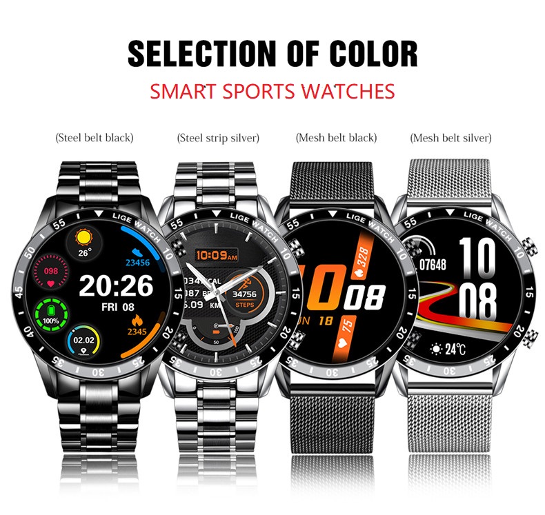 LIGE – montre de fréquence cardiaque pour hommes, bracelet en maille, entièrement tactile, étanche, sport, Fitness, de luxe, pour IOS et Android, 0189