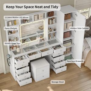 Table de maquillage moderne Cavio de grande capacité en bois massif avec miroir éclairé 3 couleurs et plateau en verre, bureau de toilette à aménagement flexible - Product Image 3