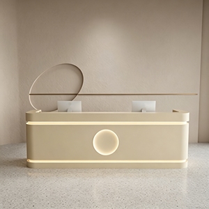 Comptoir de caisse moderne CR190 avec logo personnalisé, table de réception en bois courbé artistique avec éclairage LED doux pour magasin de vêtements - Product Image 2