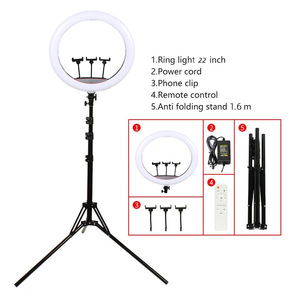 Anneau lumineux Living Steam <span class=keywords><strong>56</strong></span> <span class=keywords><strong>cm</strong></span> avec support de 1,6 m, 3 supports pour téléphone, télécommande, température de couleur réglable 22 pouces avec trépied - Product Image 3