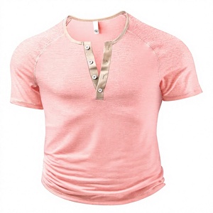 Camiseta de Manga Corta con Cuello en V para Hombre, Color Rosa, Corte Regular, Ribete en Contraste, Tejido de Punto Jersey 180g, Lisa, Informal, con Logotipo Frontal, 100% Algodón - Product Image 5