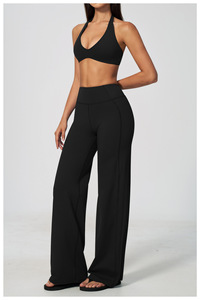 Ensemble décontracté 2 pièces pour femme : Haut court dos nu sans manches et pantalon large taille haute rayé bleu marine en maille respirante pleine longueur - Product Image 4