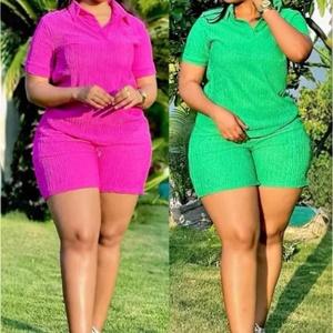 African Women's XL Size 2-Piece Casual Summer Set Solid Color Logo Woven Spandex Material Short Sleeved Top - Product Image 2