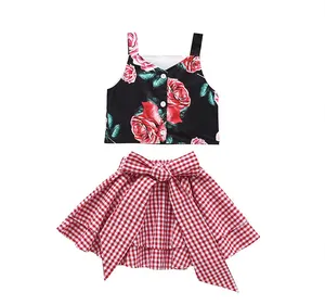 Manufacturers Direct Sales Flower Suspenders Tank And Plaid Skirt Baby Girl Suit 2 Pieces Outfit Set