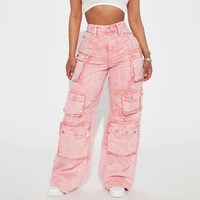 Jean baggy à jambe large pour femme, avec fermeture éclair, taille haute, 6 poches cargo, boutons, délavage clair/foncé, style vintage