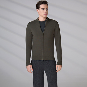 Fabricant de tricots sur mesure – Cardigan décontracté pour homme 100 % coton avec fermeture éclair, col montant, veste pull intégrale zippée pour hommes - Product Image 1