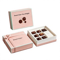 Boîte cadeau rigide personnalisée pour chocolats et desserts, avec insert rose divisé et ruban en satin, vente en gros usine, couvercle et base