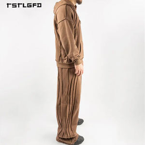 Conjunto de 2 piezas para hombre de felpa francesa con lavado ácido en tonos tierra, ecológico, con pantalones plisados de entrepierna caída y sudadera con capucha de pespunte en contraste, de tejido grueso. - Product Image 2