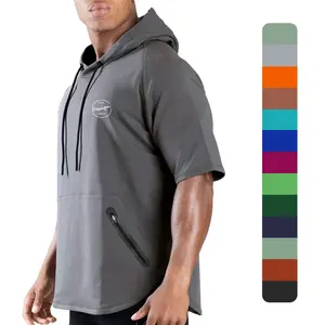 Custom Hot Sale Combination Street Wear Oversize Heavyweight Print Logo Short Sleeve Two Zip Pockets Hoodies Men Pullover