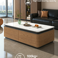 Table basse moderne en pierre frittée avec armoire à grain de bois, 2 portes de rangement, table à thé aux coins arrondis