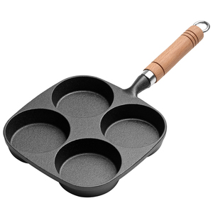 Poêle à frire antiadhésive en fonte pré-culottée à quatre trous avec manche en bois pour la cuisson du petit-déjeuner - Product Image 2