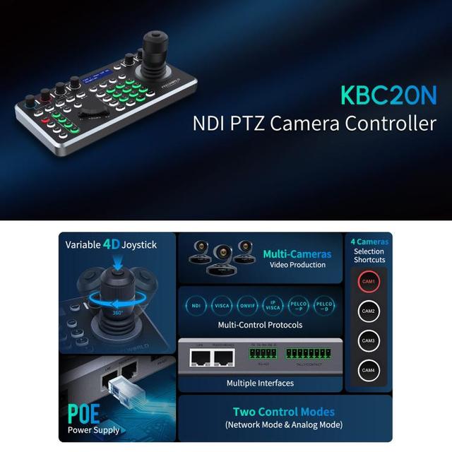 High Quality FEELWORLD KBC20N NDI PTZ Camera Controller Joystick Keyboard Control Multiple Control Protocol PoE Supported