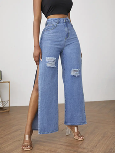 <span class=keywords><strong>Jeans</strong></span> blu di alta qualità di ultimo Design con fori e forchette <span class=keywords><strong>Jeans</strong></span> strappati da donna - Product Image 5