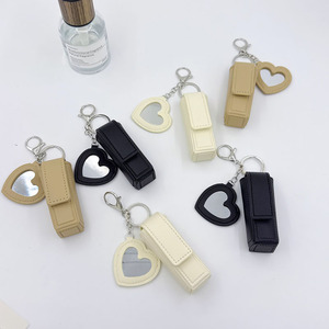 PU Leather <b>Lipstick</b> <b>Holder</b> Keychain With Heart Mirror Portable Lip Balm Case Mini Cosmetic Storage Bag Charm for Gift - Product Image 1