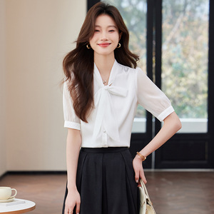 Women's <b>Black</b> Short Sleeve Chiffon Shirt With Bow Tie Office Wear Solid Color Polyester Blouse Set - Product Image 3