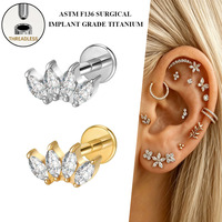 Bijoux de piercing en titane ASTM F136 Freya, clous d'oreille sans filetage à enfiler, zircone cubique, pour hélix et tragus, pour femmes, vente en gros