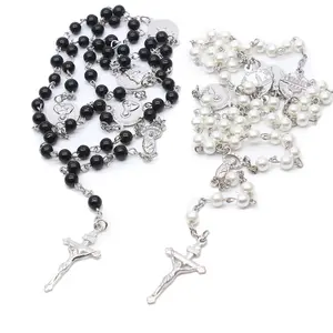 3 Colors 6mm Pearl Rosary Bead Necklace Catholic Wholesale Religious Rosary Bead Style Cross Necklace Pendant