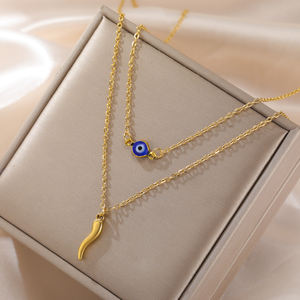 Collar de cuerno italiano de ojo malvado, collares de doble capa de Color dorado de acero inoxidable, regalo de joyería de protección de buena suerte para mujer - Product Image 3