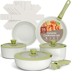 15 Piece Ceramic <b>Cookware</b> <b>Set</b> With Glass Lids Non-Stick Oven Safe Dishwasher Safe Minimalist Design Green Handles - Product Image 1