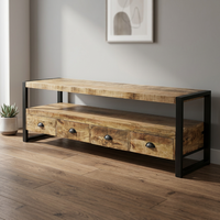 Meuble TV en bois massif de style industriel avec 4 tiroirs et structure métallique pour le salon