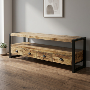 Meuble TV en bois massif de style industriel avec 4 tiroirs et structure métallique pour le salon - Product Image 1