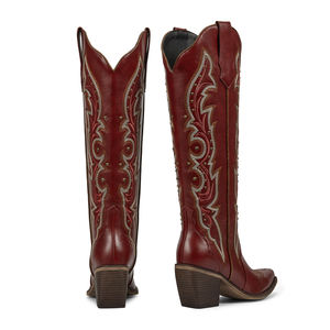 <span class=keywords><strong>Botas</strong></span> Vaqueras Rojas Vintage Personalizadas de Fábrica WETKISS para Mujer, <span class=keywords><strong>Botas</strong></span> de Punta Redonda con Bordado, <span class=keywords><strong>Botas</strong></span> Vaqueras Occidentales de Tacón <span class=keywords><strong>Bajo</strong></span> con Tachuelas - Product Image 4