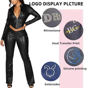 Nuovo Arrivo: Completo Donna in Ecopelle, Giacca con Zip e Pantaloni a Zampa a V, <span class=keywords><strong>Set</strong></span> Due Pezzi Casual - Product Image 2