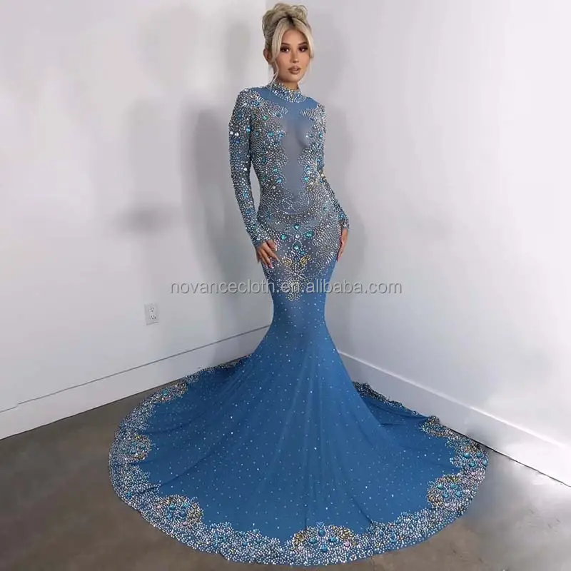 Nocance Y1752-Bb Robe de corps pour femmes avec logo personnalisé, robe longue brillante avec diamants en cristal, robe de soirée bleue, 2022