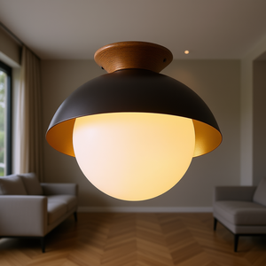 Plafonnier en verre opale avec base en bois, 13,5 pouces, design semi-encastré en forme de dôme pour salon - Product Image 2