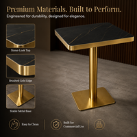 Mesa de Bistro de Piedra Sinterizada Negra de Lujo con Borde Dorado y Base de Pedestal Cuadrado, Muebles Comerciales para Restaurantes