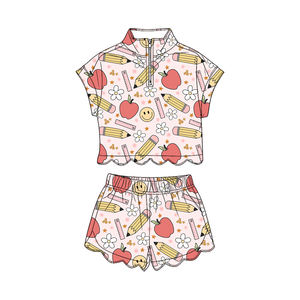 GSSO3584 Conjunto infantil personalizado de manga corta con cremallera, estampado de flores y manzanas, estilo casual con borde festoneado, para niñas pequeñas, venta al por mayor - Product Image 1