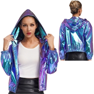 Traje de Danza Lírica Blanco para Mujer, Chaqueta Corta Metálica con Capucha Holográfica, Abrigo Moderno para Usar en la Calle, Danza Jazz - Product Image 2