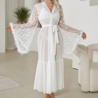 Robe de chambre en dentelle sexy pour femmes, chemise de nuit, manches bouffantes, vêtements d'extérieur, lingerie multicolores, peignoir en maille