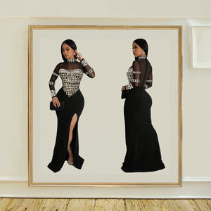 Vestido Maxi de Alta Calidad para Mujer, Estilo Trompeta, Cintura Imperio, Abertura Lateral, Elástico, con Pedrería, Encaje, Transparente - Product Image 2