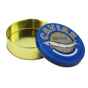 Boîte de conserve en fer blanc pour <span class=keywords><strong>caviar</strong></span>, <span class=keywords><strong>prix</strong></span> compétitif, 30g, 50g, <span class=keywords><strong>100g</strong></span>, 125g, 250g, 500g, ronde, bleue et dorée - Product Image 3