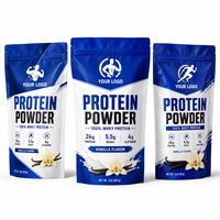 Sachet d'emballage personnalisé pour poudre de protéines à la vanille avec logo Fitness Figure et pochette verticale bleue et blanche pour protéines de lactosérum